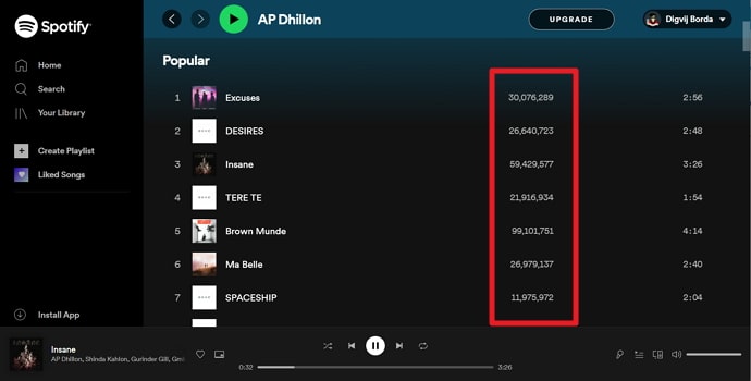 check total view count of songs on spotify