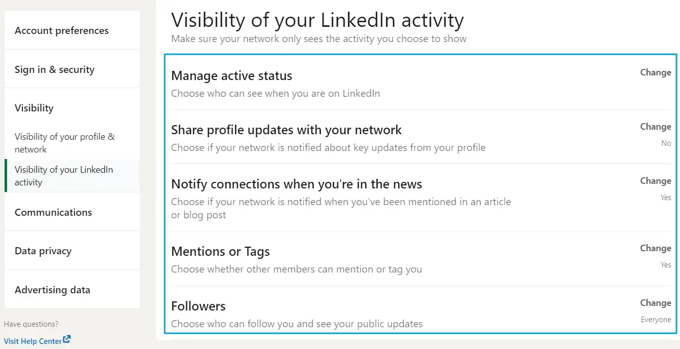 hide your activity on linkedin