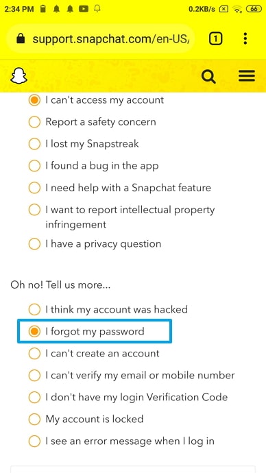 reset snapchat password without phone number or email