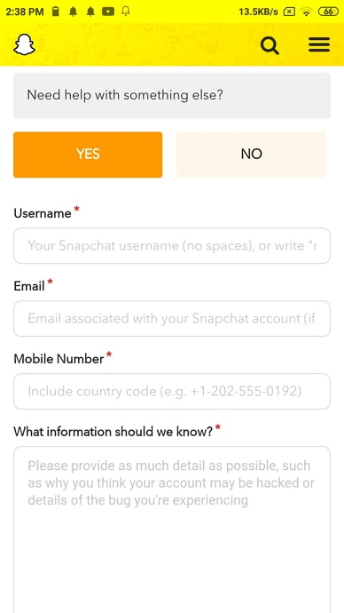reset snapchat password without phone number or email