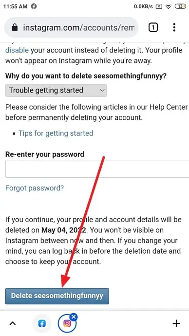 delete instagram account without password and email