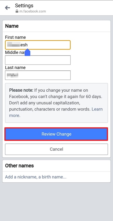 change name in messenger without facebook